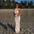 White halter maxi dress with waist cutout ring detail and sleeveless fitted column