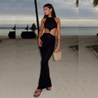 Black halter maxi dress with high neckline, waist cutout, sleeveless fitted column
