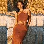 Brown halter maxi dress with waist cutout and tied ring detail, sleeveless fitted column