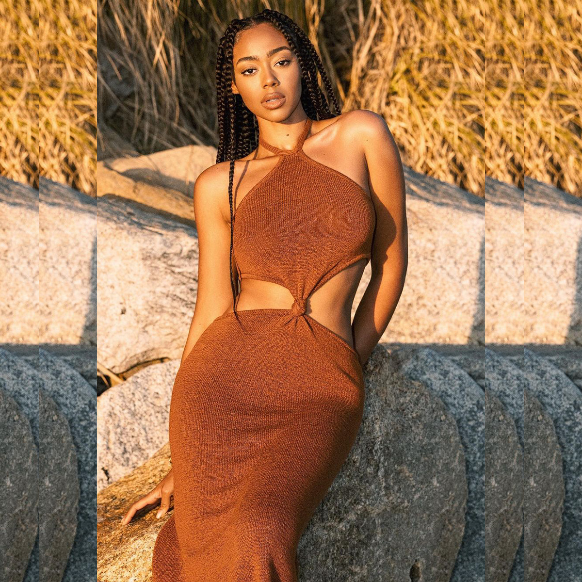 Brown halter maxi dress with waist cutout and tied ring detail, sleeveless fitted column