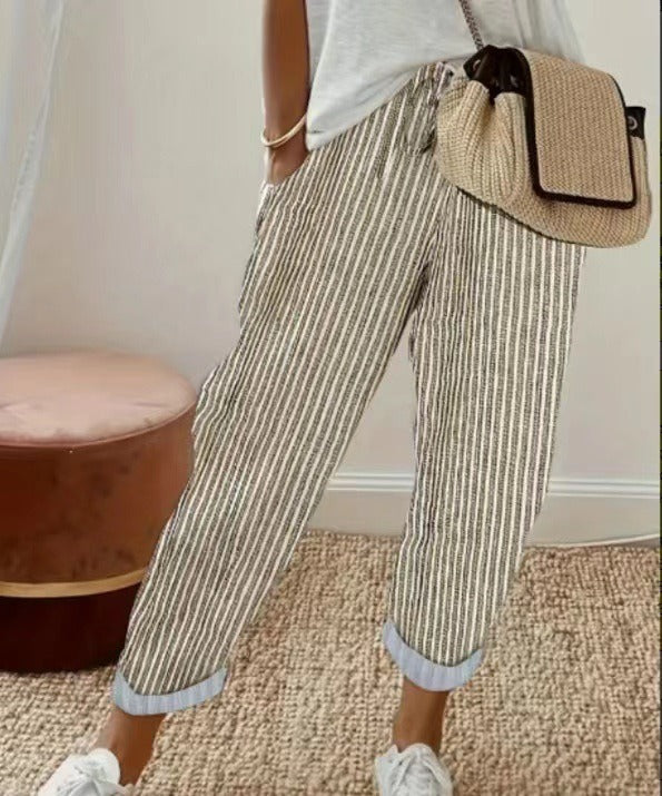Yara™ striped summer trousers, beige and white vertical stripes, cuffed cropped ankle