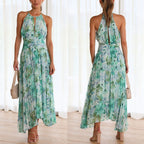 Floral halter maxi dress, green-blue, sleeveless front with gathered bodice