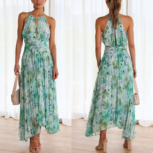 Floral halter maxi dress, green-blue, sleeveless front with gathered bodice