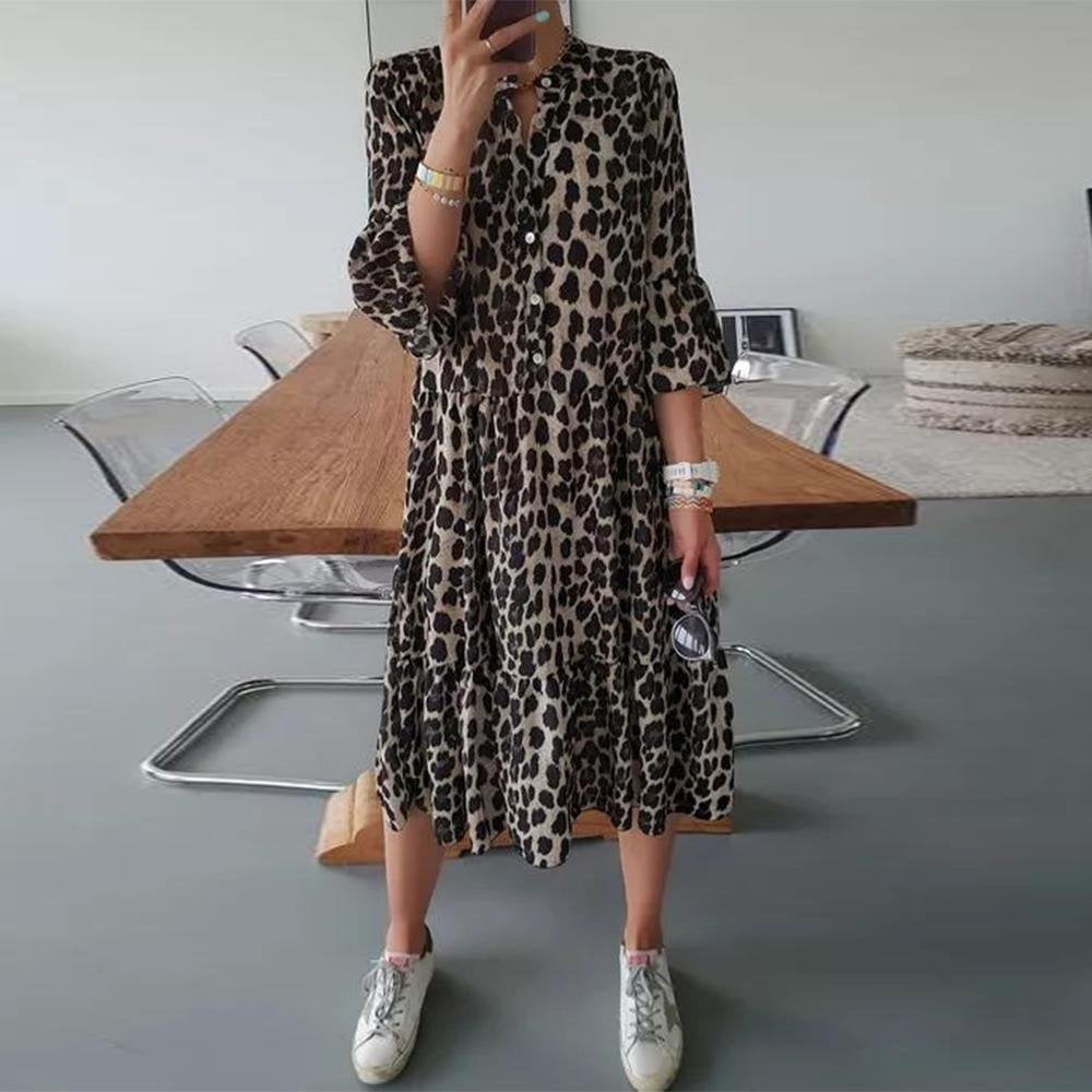 GRUSHA leopard print midi dress with button front, ruffled sleeves, tiered skirt