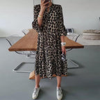 GRUSHA leopard print midi dress with button front, ruffled sleeves, tiered skirt