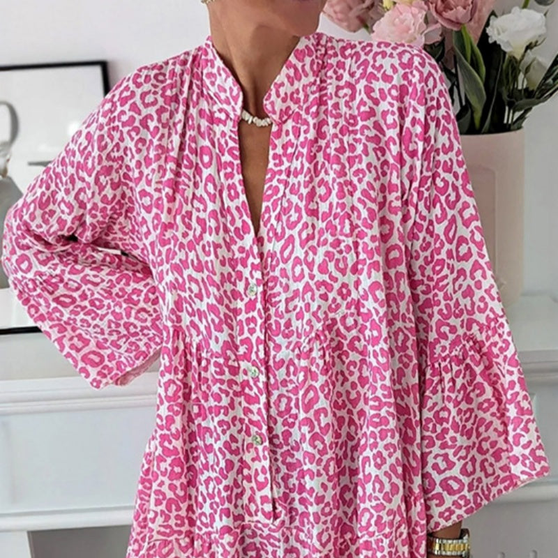 KALI pink leopard-print maxi dress, V-neck button front, long flared sleeves