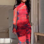 Red and blue abstract bodycon midi dress with long sleeves and high neckline