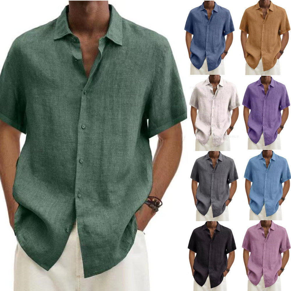 Green short-sleeve button-up shirt with point collar and button front