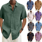 Green short-sleeve button-up shirt with point collar and button front