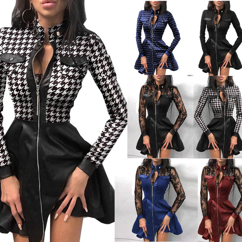 Zip-front mini dress collage: houndstooth, blue print, black lace, and burgundy options