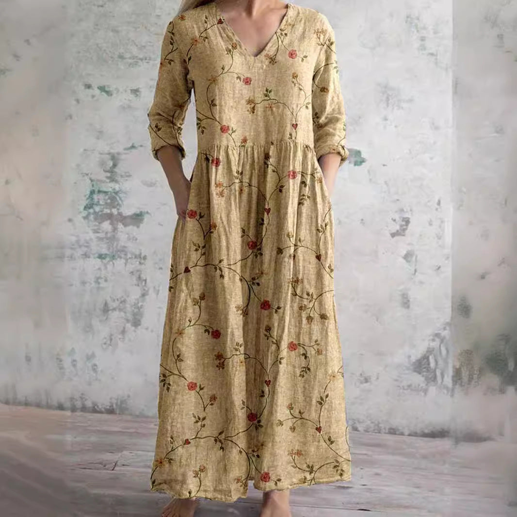 Beige floral summer dress, V-neck, 3/4 sleeves, gathered waist