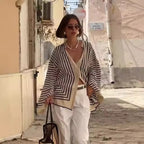 Clara™ elegant blouse, black-and-white striped long sleeves over white camisole