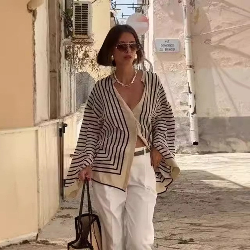 Clara™ elegant blouse, black-and-white striped long sleeves over white camisole