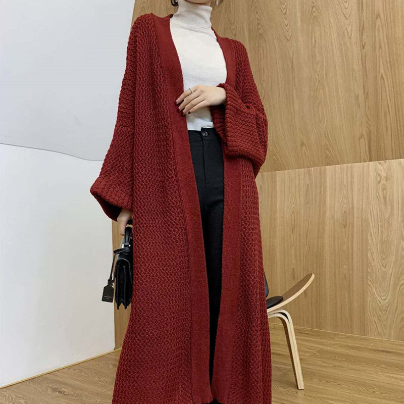 Wine red textured long cardigan with open front and loose fit