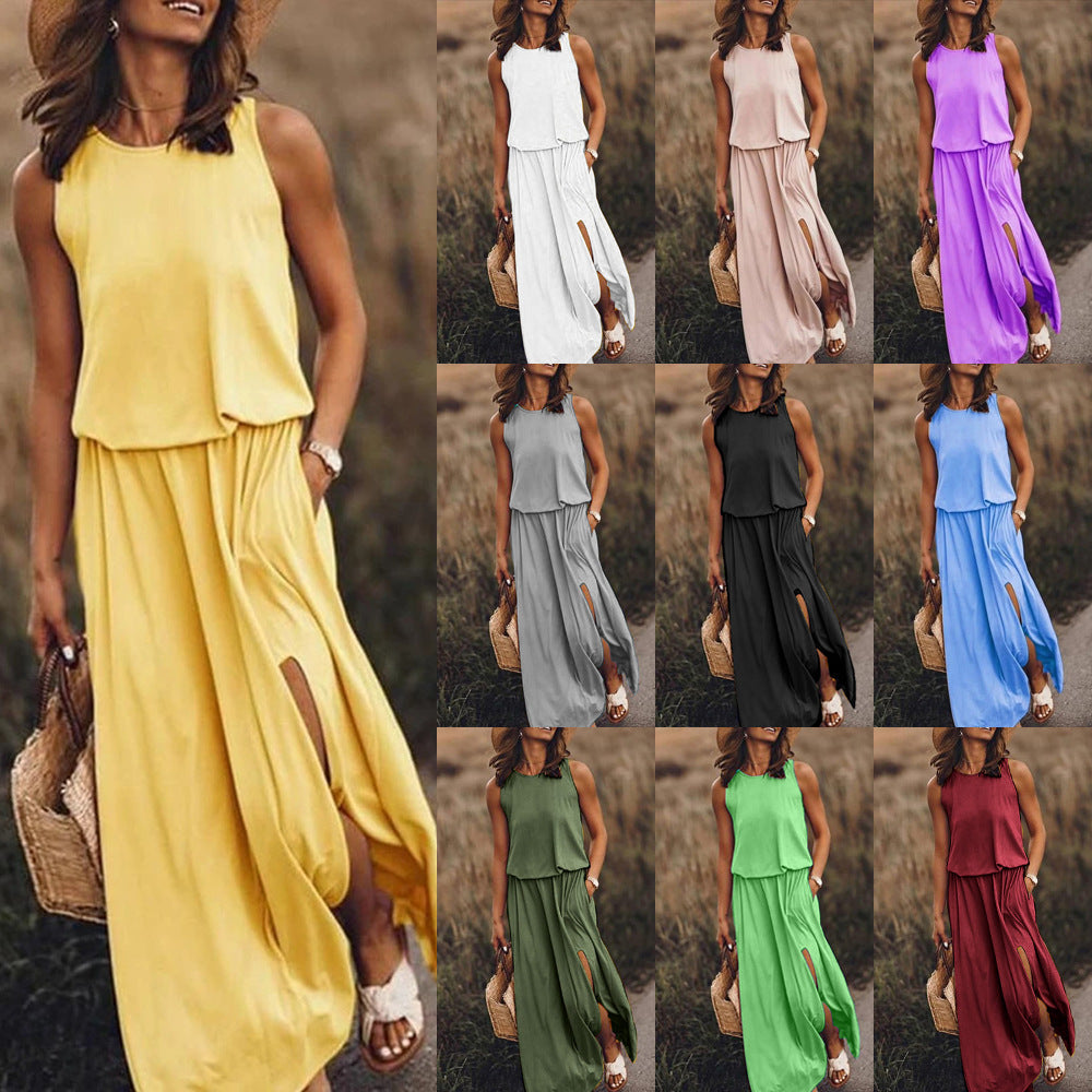 Sleeveless tiered summer dress in assorted colors, flowy maxi length