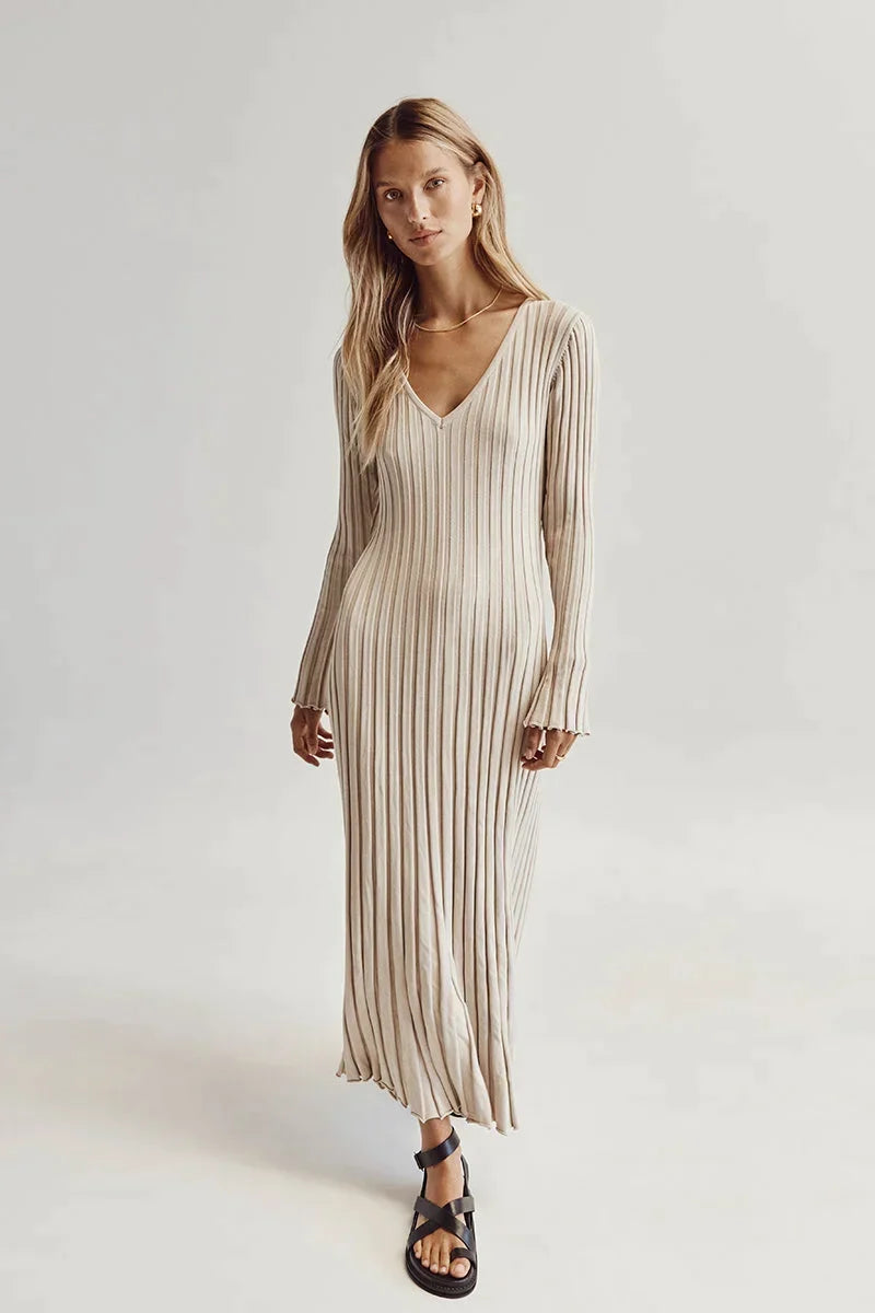 Beige ribbed V-neck midi dress with long sleeves and vertical pinstripes