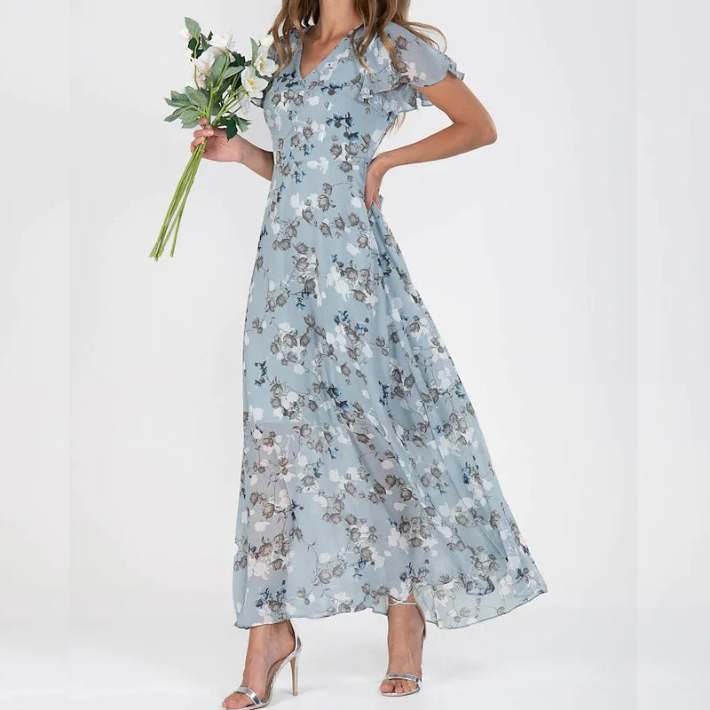 Light blue floral maxi dress with ruffled V-neck and tiered skirt