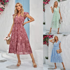 Mauve pink V-neck midi dress with flutter sleeves, cinched waist, tiered skirt
