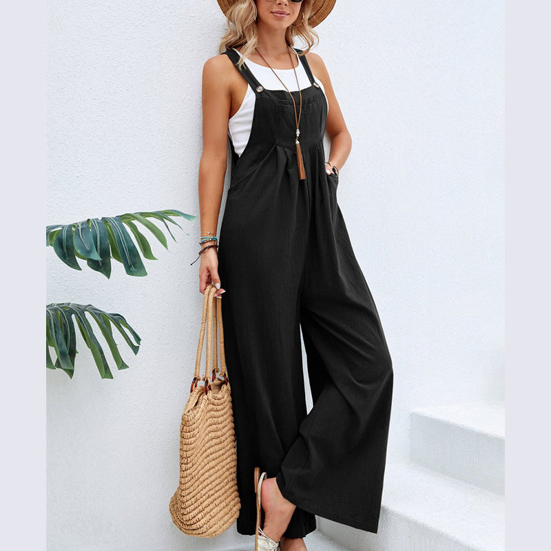 Women’s casual sleeveless jumpsuit in black, tie-front straps and wide-leg pants