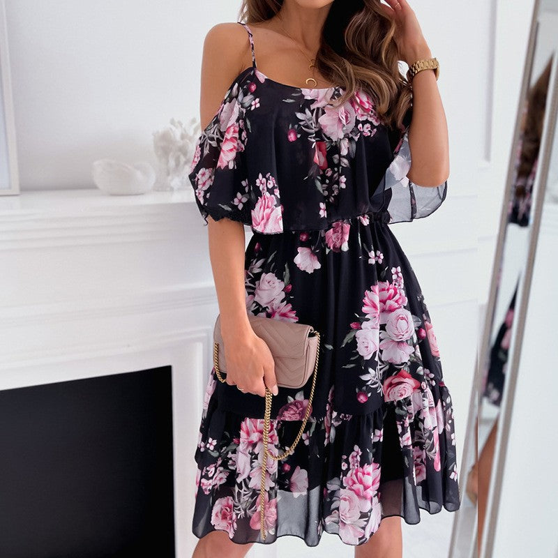 Floral ruffle cami dress on black with pink roses, layered tier skirt