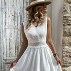 OTA elegant mini dress in white with lace V-neck and sleeveless eyelet bodice