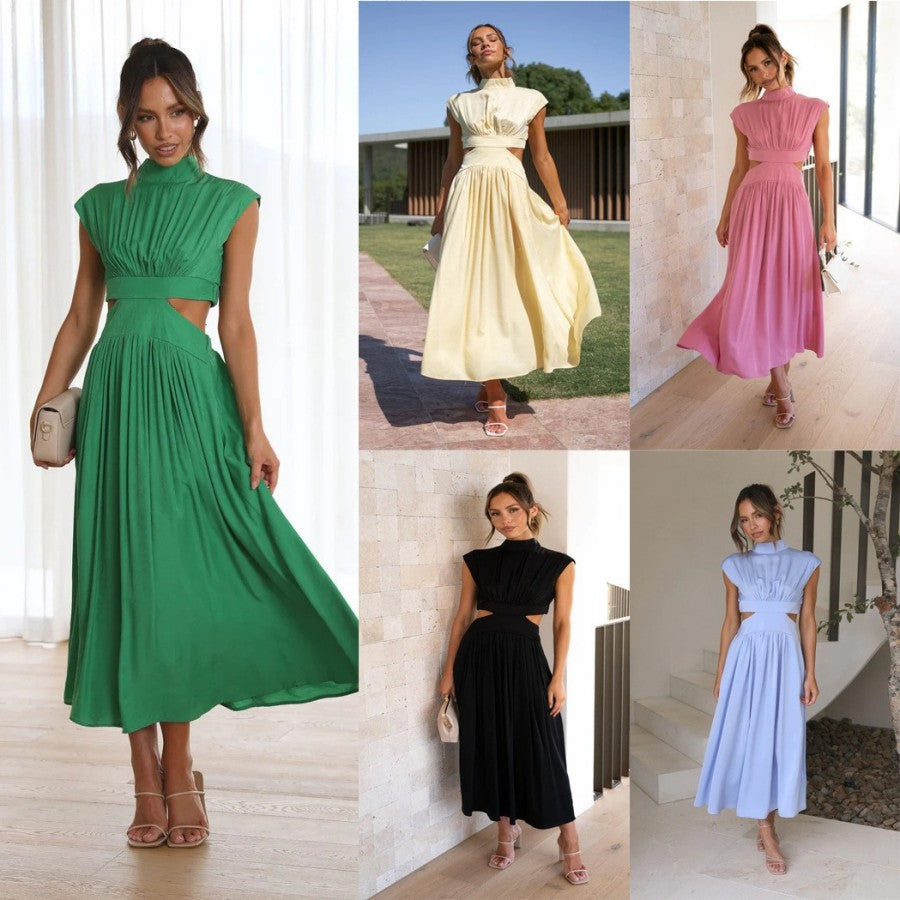 Sleeveless midi summer dress with high neck, gathered waist, and pleated skirt