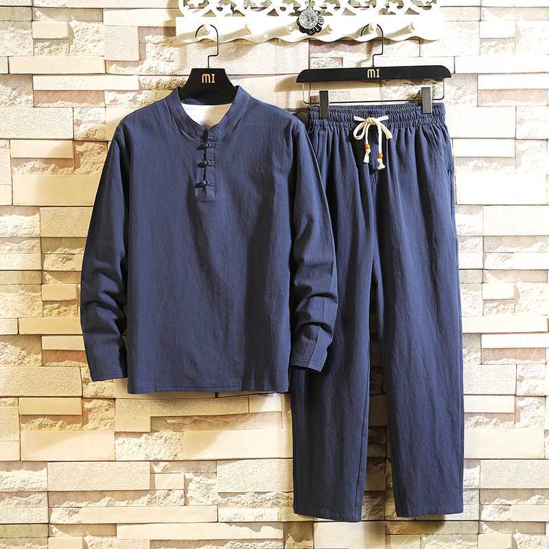 Men's tunic and drawstring pants set, dark navy, long sleeves, button placket