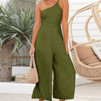 Olive green halter-neck wide-leg jumpsuit with smocked bodice and elastic waist