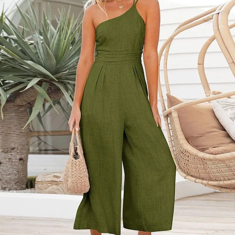 Olive green halter-neck wide-leg jumpsuit with smocked bodice and elastic waist