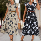 Cream floral tiered midi summer dress with V-neck, cap sleeves and waist belt
