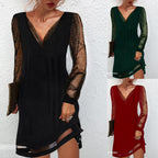 V-neck mini dress collage: black, green, and red with sheer shimmer sleeves and slit