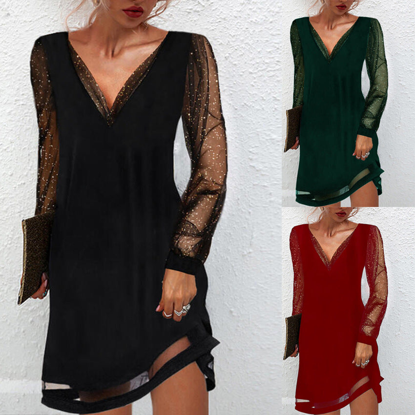 V-neck mini dress collage: black, green, and red with sheer shimmer sleeves and slit