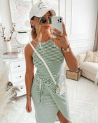Sleeveless striped midi dress in green and white, tied waist and side slit