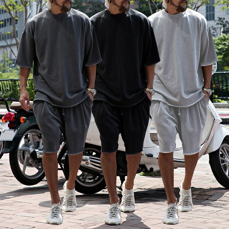 ARTHUR casual summer set: dark gray, black, and light gray tee with matching knee shorts