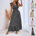 Relaxed black patterned maxi dress with V-neck and flutter sleeves