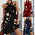 Halter mini dress with gold accents, shown in black, wine red, and navy