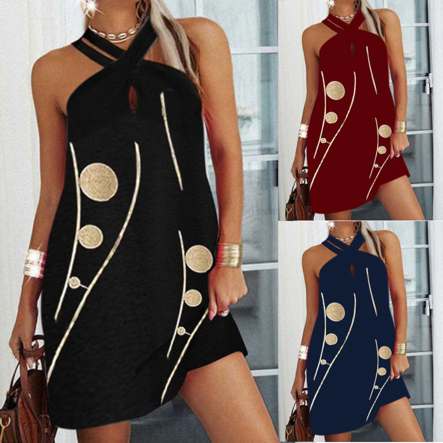 Halter mini dress with gold accents, shown in black, wine red, and navy