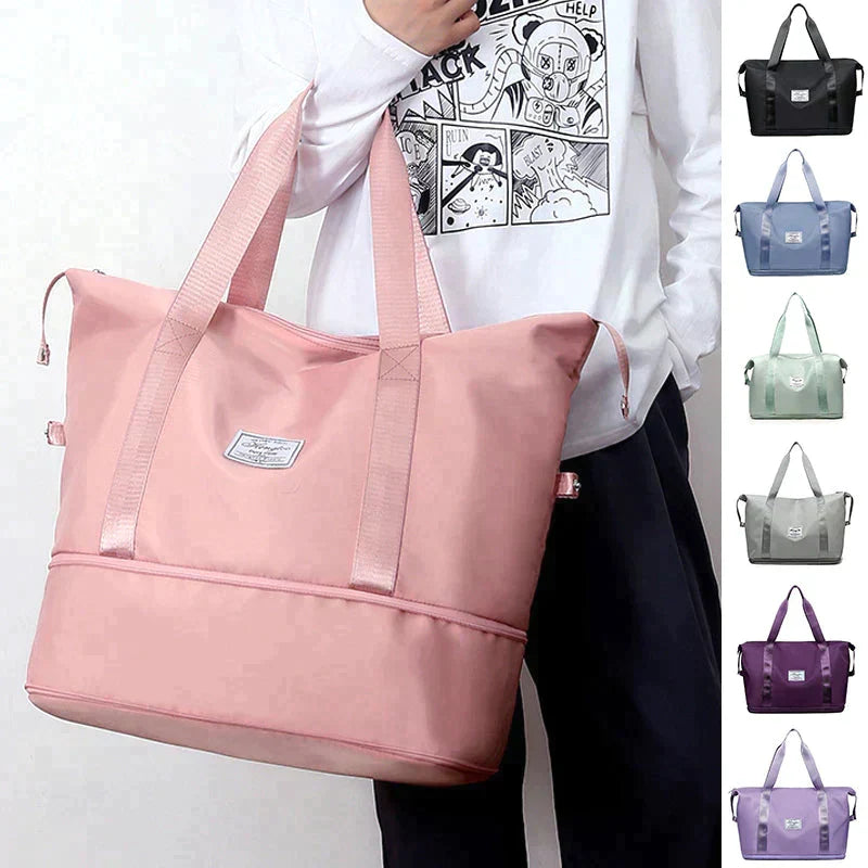 Pink duffel bag with long handles and front patch label; shown alongside other color options.
