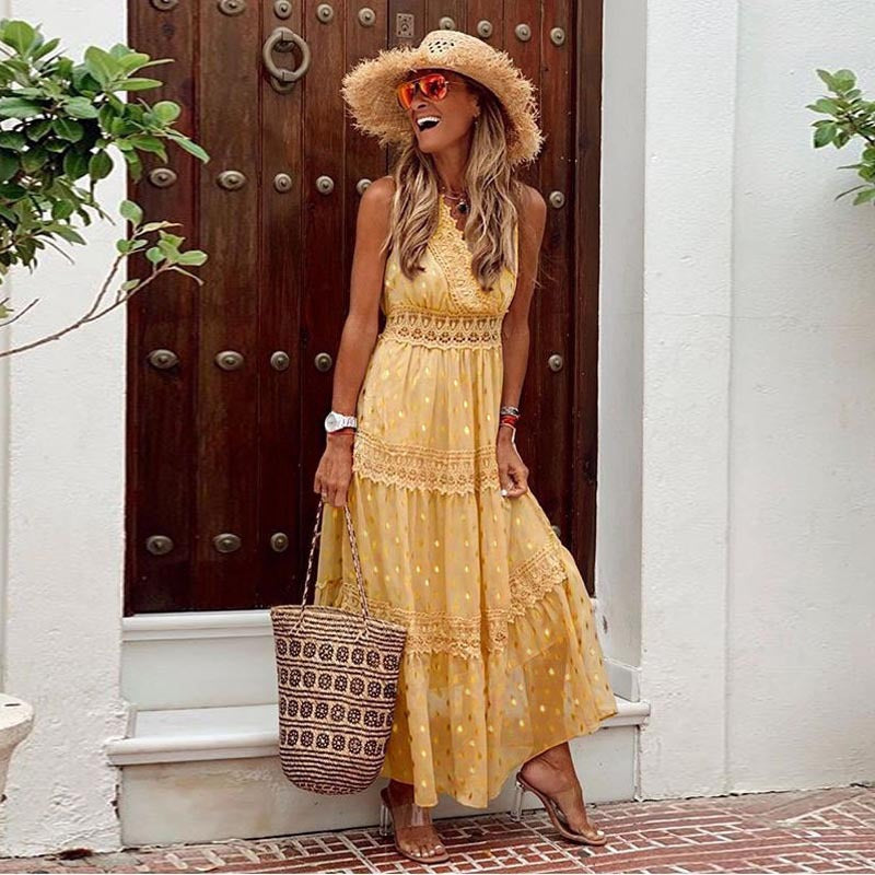 FLORENCE yellow boho dress with sleeveless V-neck, lace trim, and tiered skirt
