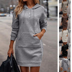 Gray hoodie dress with diamond pattern, button front, hood with drawstrings, and pocket