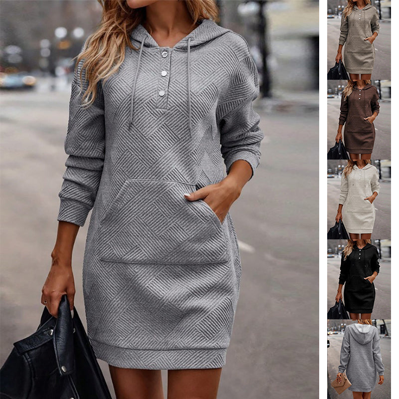 Gray hoodie dress with diamond pattern, button front, hood with drawstrings, and pocket