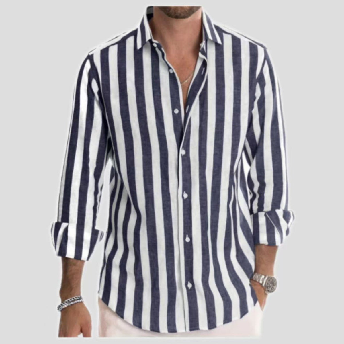 Men’s linen blouse with vertical navy-and-white stripes, button-front and open collar