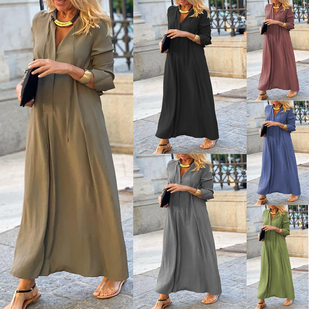 Long-sleeve V-neck maxi dresses in multiple colors: blue, black, green, taupe, wine