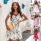 White floral mini dress with ruffled sleeves, with purple and red inset variants