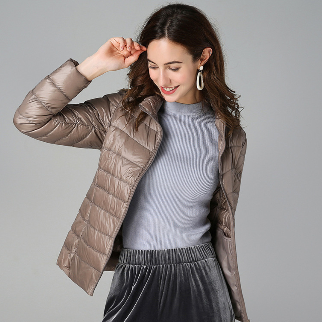 Taupe padded spring jacket with full zipper and stand collar