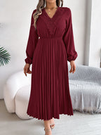 Wine red pleated midi dress with V-neck lace trim and long sleeves, gathered waist