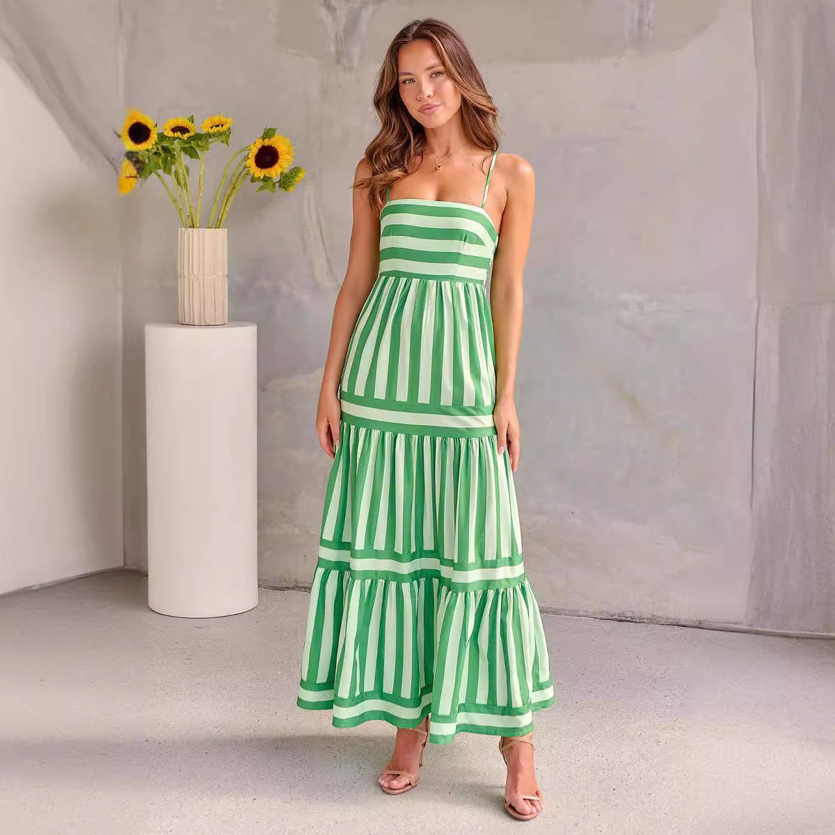 Green striped tiered maxi dress, front view, spaghetti straps