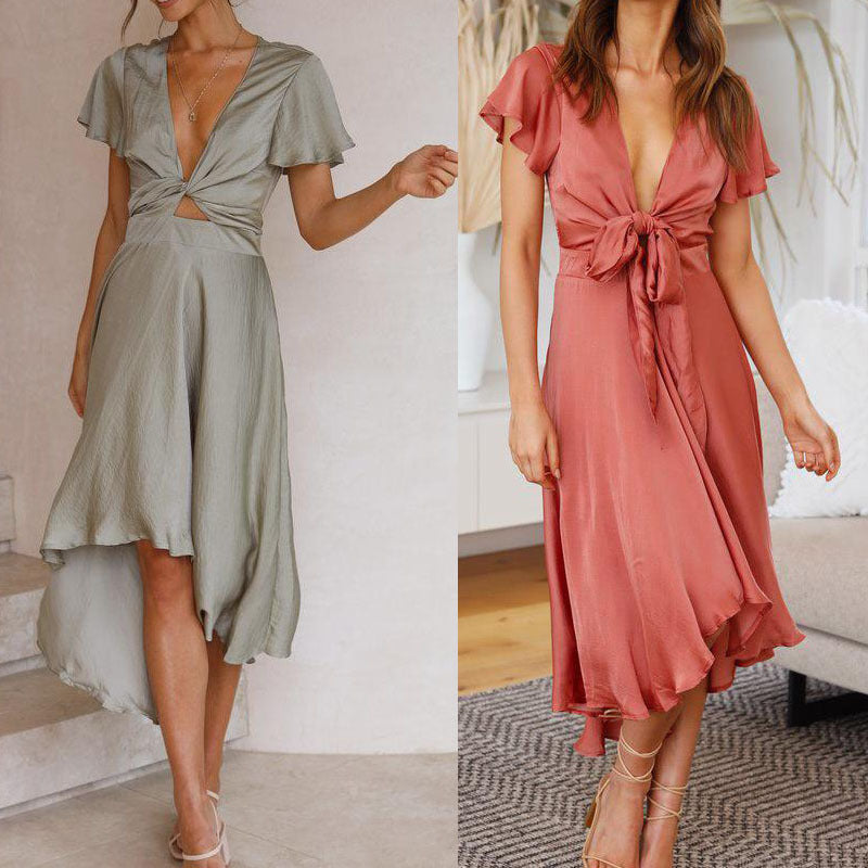 Stylish summer dress in light gray and coral, V-neck, flutter sleeves, ruched waist tie