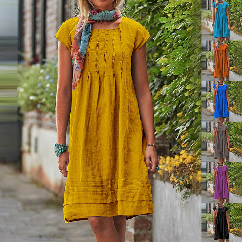 Women's short-sleeve summer dress, golden yellow tiered skirt with pintuck texture