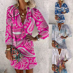 Printed mini dress collage: fuchsia and blue paisley styles, V-neck button-front